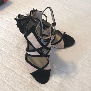 Black and beige faux suede elegant sandals